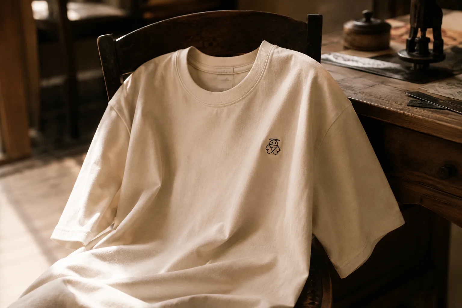 A finished Dabbistic piece on a worn wooden chair, the embroidered mark on the chest