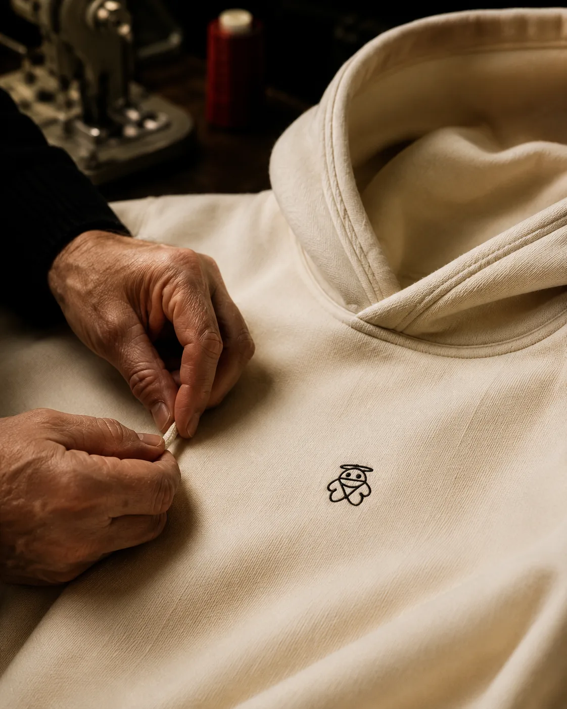 Hands finishing the Dabbistic logo on smooth French terry cotton